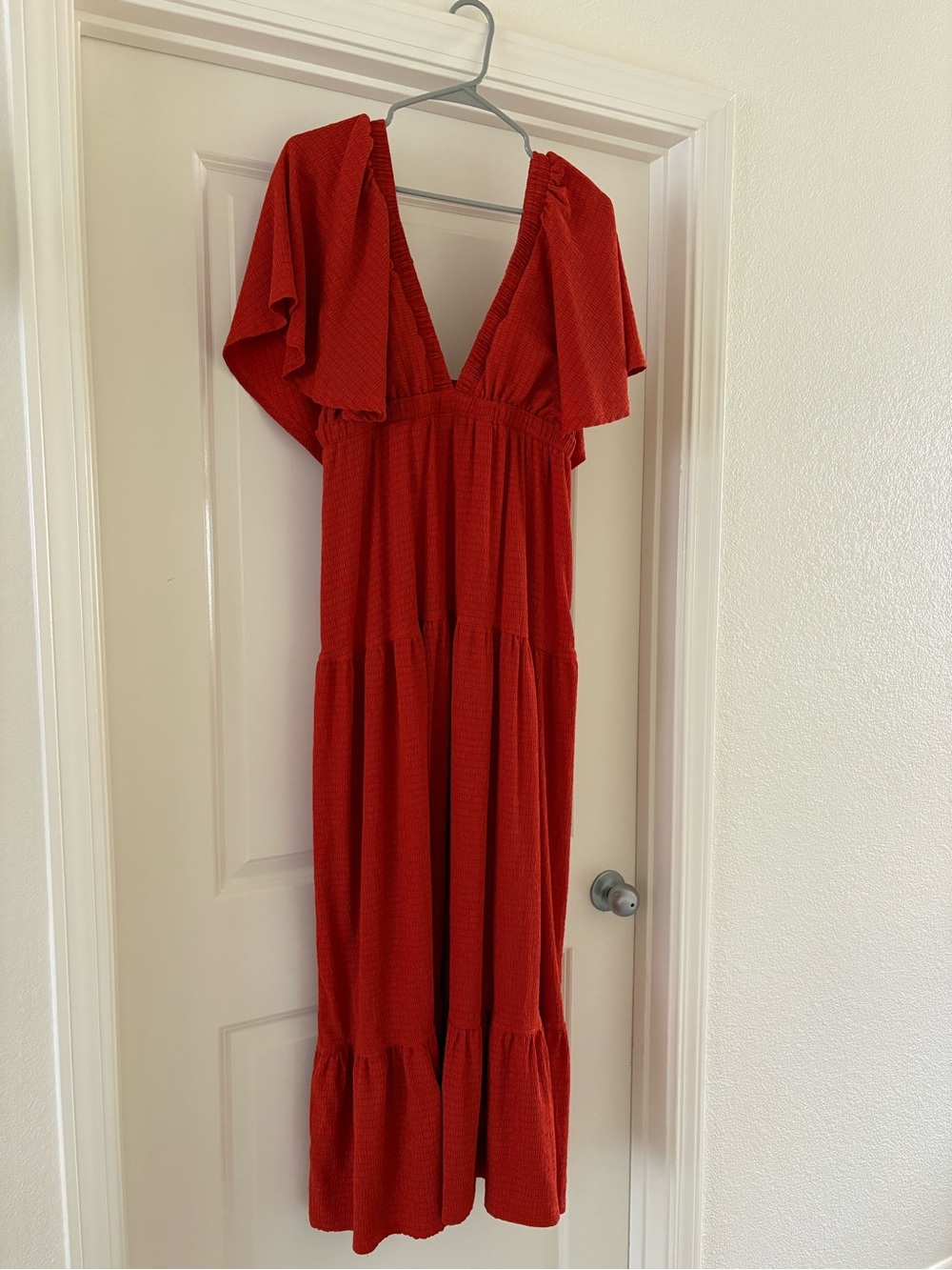 Sculpted Burnt Orange Maxi Dress with Deep V and Flutter Sleeves